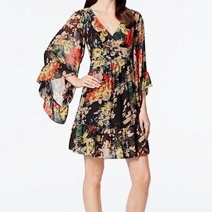 Betsy Johnson Black Floral Bell Sleeve Dress Size 6